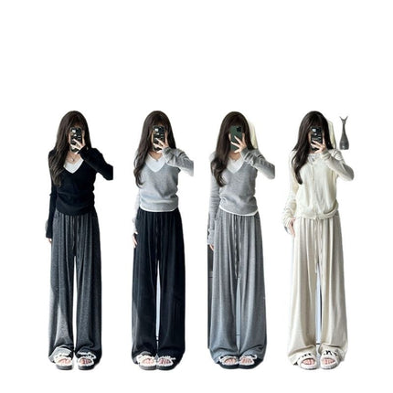 light gray Glutinous Rice Pants Women's 2024 Spring, Autumn and Winter New High Waist Hanging Straight Casual Wide Leg Pants
