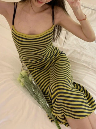 Striped back strap dress women's spring 2024 green casual mid-length slim slimming sheath skirt