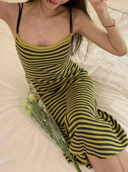 Striped back strap dress women's spring 2024 green casual mid-length slim slimming sheath skirt