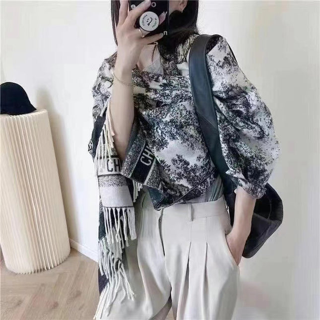 2024 Autumn and Winter Outer Wear Cold-Proof Warm Scarf Chinese Style Ink Painting Shawl Cloak Stacked Soft Neck Scarf