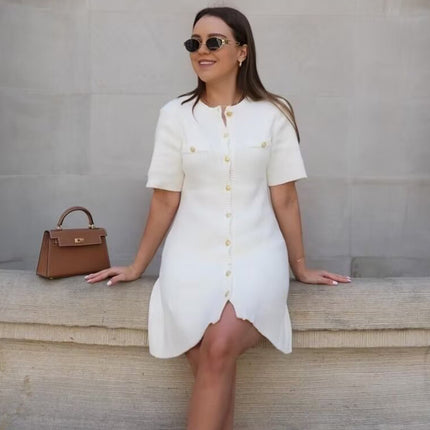 European and American Style Summer Women's European and American Fashion Round Neck Single-Breasted Short-Sleeved Slim Knitted Mini Dress