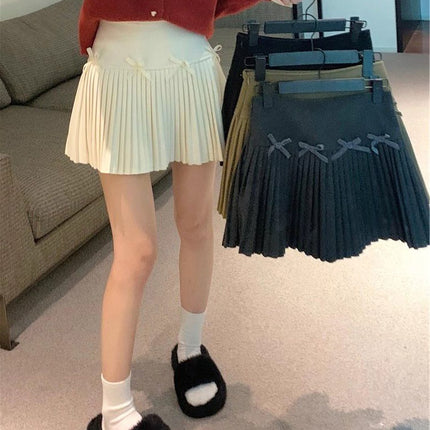 Bow-Knot Woolen Skirt for Women in Autumn and Winter, Anti-Exposure Culottes, Pleated Skirt, Small High-Waisted A-Line Skirt