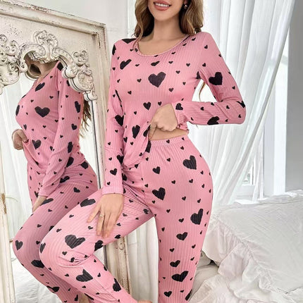 Cross-Border Export New Home Wear Set Heart Print Long-Sleeved Pants Set European and American Hot-Selling Women's Pajamas