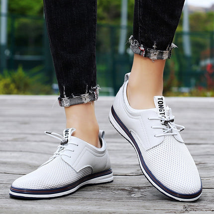 Round toe cowhide + mesh casual shoes sports style casual shoes breathable flat heel mesh shoes men's sports shoes