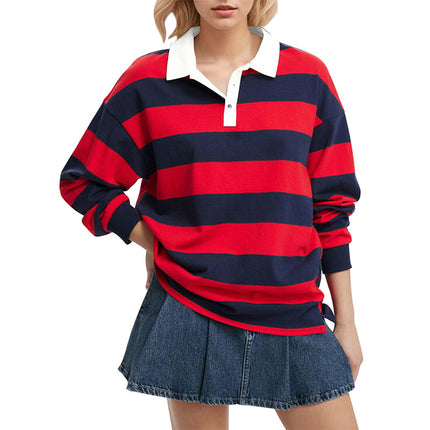 2025 European and American Cross-Border Long-Sleeved Stripesd T-Shirt Autum New Casual Versatile Loose Lapel Top