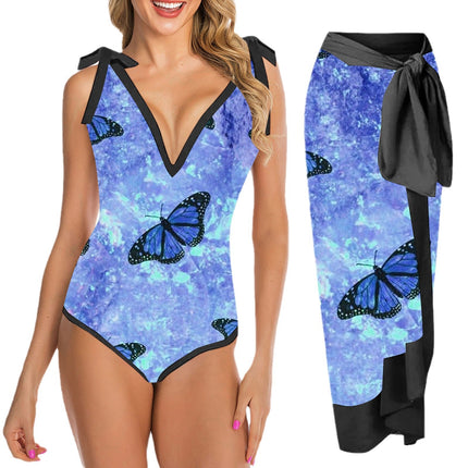 Cross-Border Bikini Beach Skirt Two-Piece Swimsuit Printed Belly-Covering Slimming Lace-Up European and American Amazon Foreign Trade Swimwear