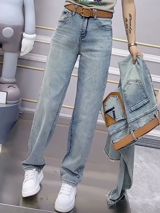 Narrow Straight-Leg Jeans for Women, Summer Thin 2025 New Popular High-Waisted Slimming Loose Floor-Length Wide-Leg Pants