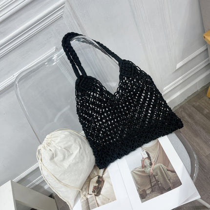 Cross-border new straw shoulder Women's bag large capacity bohemian cotton rope portable hollow woven beach bag