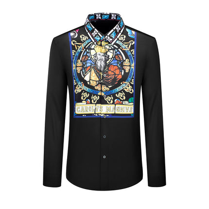 European and American Style Light Luxury Handsome Slim Digital Printed Men's Long-Sleeved Shirt Tops Cross-Border Hot Selling New Style