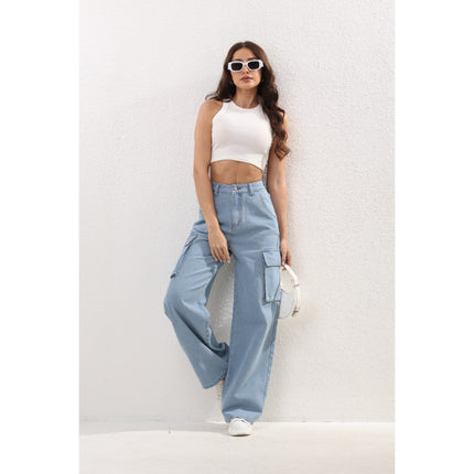 European and American Flip Large Pocket Tooling Jeans Loosen Casual Non-elastic Tooling Pants Women's Denim Tooling Pants