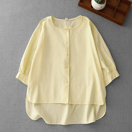 2025 Summer New Casual Two-Piece Set Retro Sweet Creamy Yellow Cotton and Linen Shirt + Elastic Waist Shorts Set