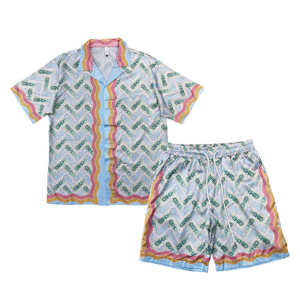 Foreign Trade Casual Hawaiian Beach Printed Short-Sleeved Shirt Cuban Collar European and American Retro Vacation Shorts Two-Piece Set