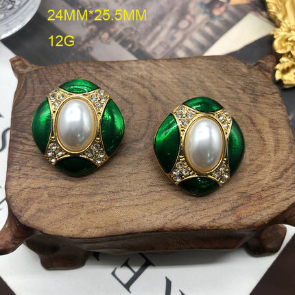 Artistic Retro Green Enamel Glaze Plated Real Gold Copper Chain Necklace Pearl Diamond Earrings Elegant Set