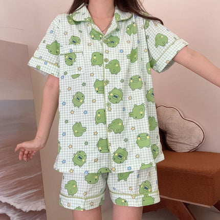 Cute Tamagotchi Pajamas for Women, Summer Short-Sleeve Shorts, Thin Cotton Cartoon Japanese-Style Plaid Loungewear