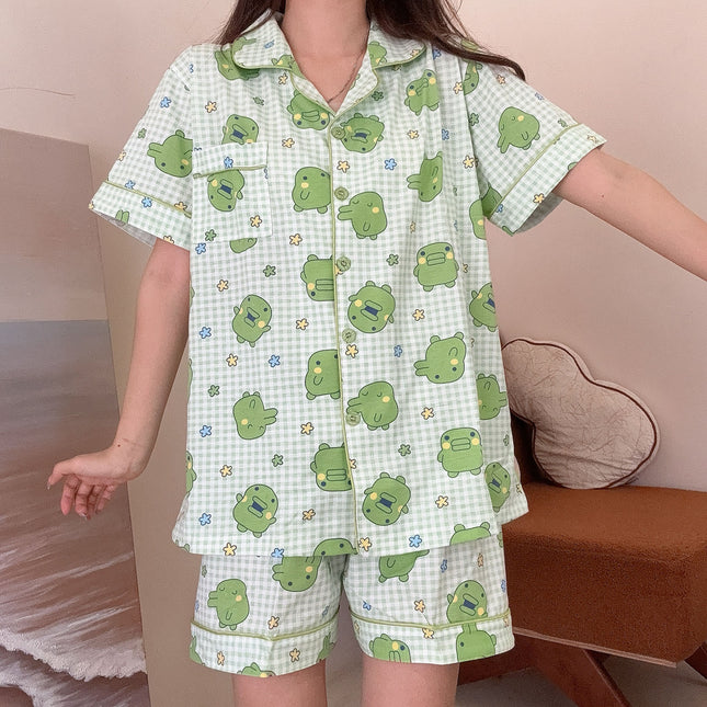 Cute Tamagotchi Pajamas for Women, Summer Short-Sleeve Shorts, Thin Cotton Cartoon Japanese-Style Plaid Loungewear