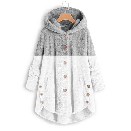 Amazon 2025 Autumn/Winter European and American Style Button-Up Hooded Cat Ear Plush Top Irregular Trendy Patchwork Jacket for Women