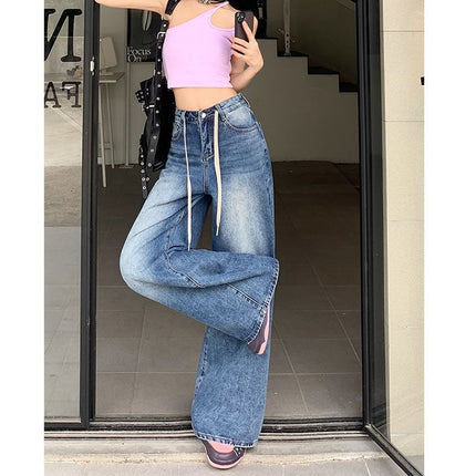 Drawstring Design Jeans Retro Distressed Women's Tall 2025 Loose Slimming Wide-Leg Pants Drape Floor-Length Pants