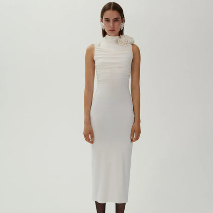 In Stock | New Foreign Trade Style Long Sleeveless Dress with Ruched 3D Floral Design, White Summer Women's European and American Style Bodycon Dress.