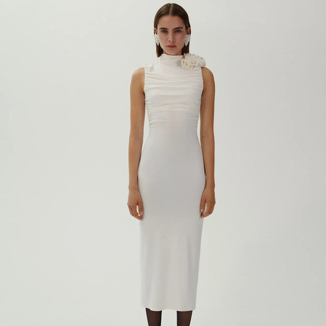 In Stock | New Foreign Trade Style Long Sleeveless Dress with Ruched 3D Floral Design, White Summer Women's European and American Style Bodycon Dress.