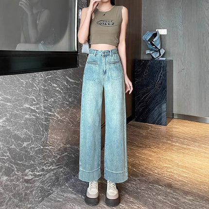 Spring and Autumn New Jeans Women's High Waist Slimming Loose Straight Pants Pear-Shaped Figure Retro All-Match Cropped Pants Ins