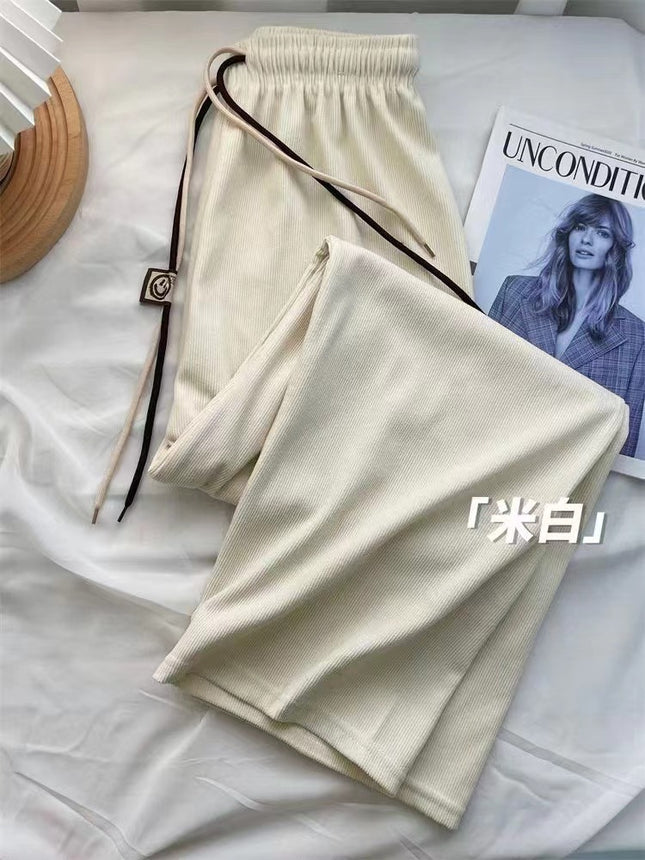 Ultra-Fine Smiley Face Drawstring Pants for Women Straight Casual Corduroy Wide-Leg Pants 2025 Autumn and Winter Drapey Floor-Length Pants