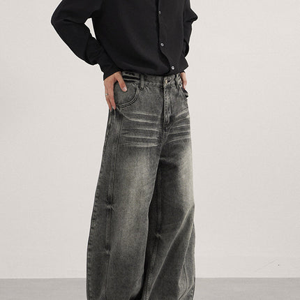 Lktm Men's Clothing American-Style Washed Vintage Black-Gray Scimitar Jeans Unisex Baggy Silhouette Casual Floor-Length Pants