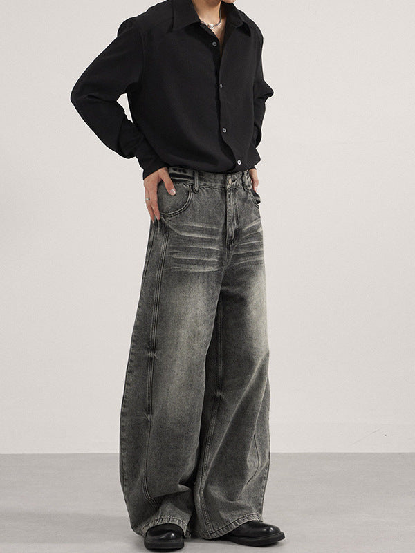 Lktm Men's Clothing American-Style Washed Vintage Black-Gray Scimitar Jeans Unisex Baggy Silhouette Casual Floor-Length Pants