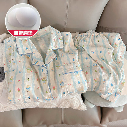 Source Factory New Spring and Autumn Popular Cloud Cotton Sweet Pajamas with Fixed Chest Pads, Long Sleeves and Long Pants Loungewear Set