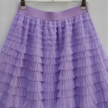 Sauze Skirt Women's Sweet Multi-Layer Cake Mesh Skirt light purple Elegant Elegant Elasticite Waist Princess A- Line Long Skirt