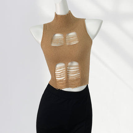 Hot Sweetheart Knitted Tight Vest Women's High Collar Open Waist Hole Hollow Sexy American Style Hot Girl Small Top Ins