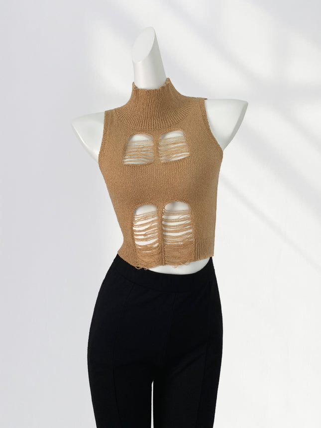 Hot Sweetheart Knitted Tight Vest Women's High Collar Open Waist Hole Hollow Sexy American Style Hot Girl Small Top Ins