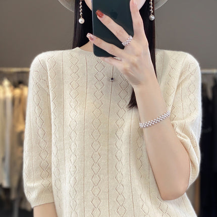 23 woolen sweater women's round neck short sleeve knitted bottoming shirt half sleeve hollow-out design top wholesale