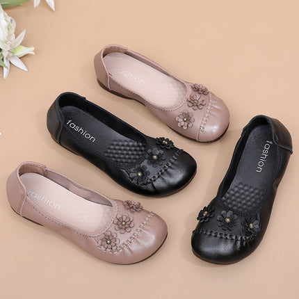 2026 Shallow-Mouthed Mom Shoes, Soft-Soled Non-Slip Middle-Aged Leather Shoes, Flat-Soled Shoes for Middle-Aged and Elderly Women, Spring and Autumn Models