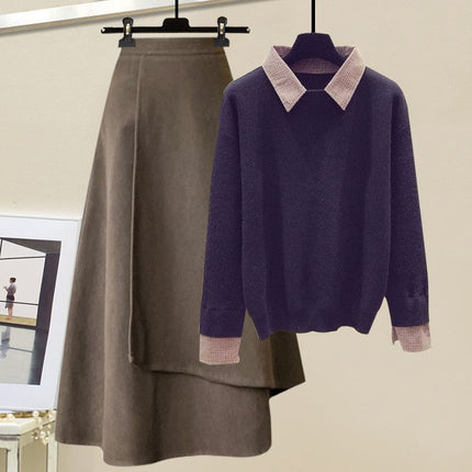 Suit Skirt Design Retro All-match Long-sleeve Fake Two-piece Knitwear Women's French Woolen Skirt Two-piece Winter Suit
