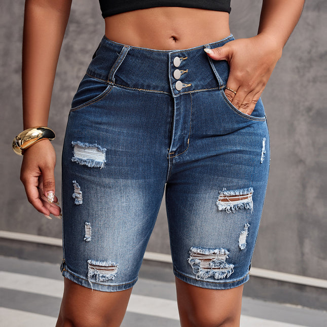 European and American Aliexpress Independent Station Women's Pocket Ripped Tight Casual Versatile Denim Shorts