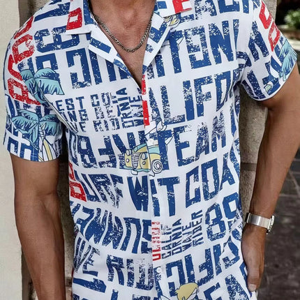 Men's Short-sleeved Shirt Letter Coconut Tree Print Foreign Trade Men's Casual Fashion Summer 2025 New Cross-border Beach Style