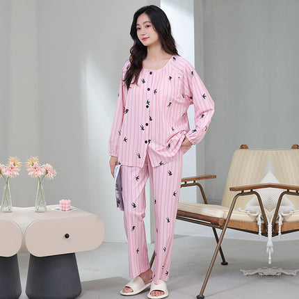 Spring and Autumn Women's Powder Striped Elegant Cardigan Pajamas Mother's Soft Modal Long Sleeve Trousers with Chest Pad Home Clothes