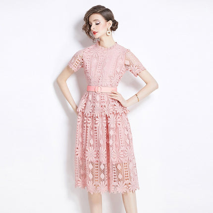 2024 new cross-border light luxury high-end fashion slim hollow water soluble lace long dress