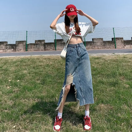 Irregular Raw Edge Denim Skirt for Women in Autum New Pear-shaped Figure High Waist Slimming Look Mid-length A-line Skirt