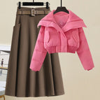 Pink jacket + brown skirt two-piece set / S