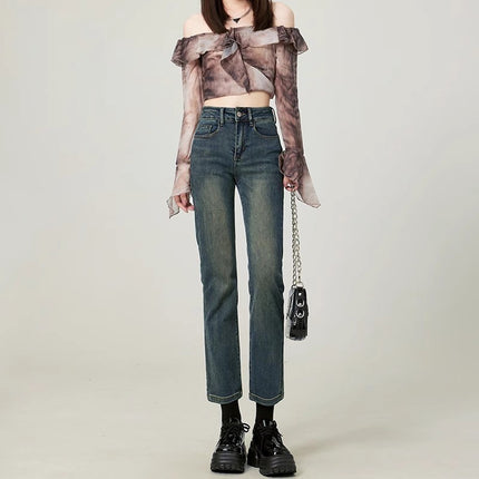 Nostalgic Retro Straight-Leg Jeans Women's Trendy All-Match High-Waist Slimming Old-Fit Cropped Smoke Pipe and French Stick Pants