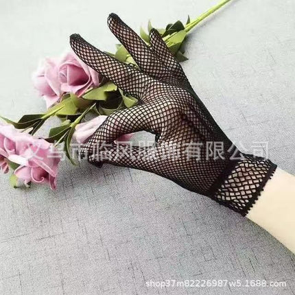 Full Finger Fishnet Eye Bride Wedding Dress Stage Women's Sexy Black Stretch Lace Lace Gloves Cheongsam Dancing Bow