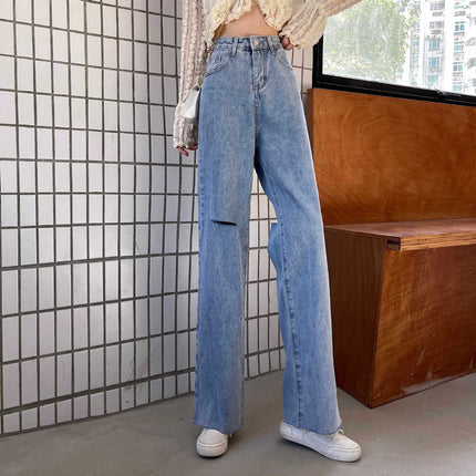 2024 Summer Hong Kong style chic ripped Denim wide-leg pants women's fashionable loose straight slimming draping mop pants