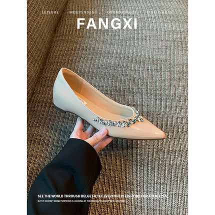 Sheepskin New French Style Evening Style Rhinestone Pointed Toe Flat Shoes for Women Shallow Mouth Inner Shoes Commuting Soft Sole Women's Shoes