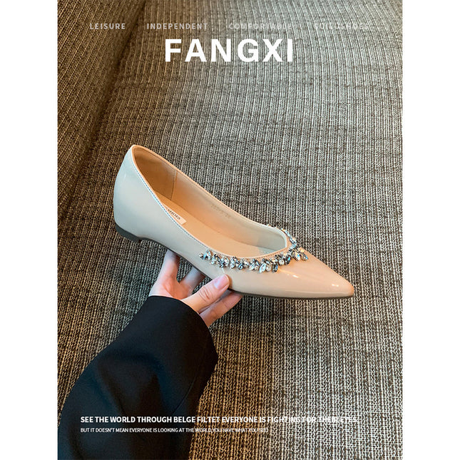Sheepskin New French Style Evening Style Rhinestone Pointed Toe Flat Shoes for Women Shallow Mouth Inner Shoes Commuting Soft Sole Women's Shoes