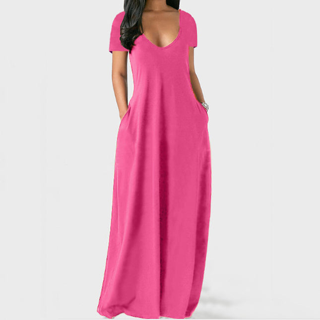Europe and the United States summer cross-border foreign trade new plus size women's solid color dress sexy deep V short sleeve dress