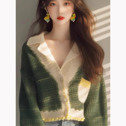 2024 Popular Pretty Shirt Small Fashionable Western Style Loose Slimming Green V-neck Knitted Long Sleeve Cardigan for Women