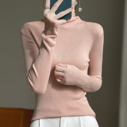 High collar autumn and winter Korean women's pile collar long sleeve knitted wool sweater women's inner pullover slim base shirt