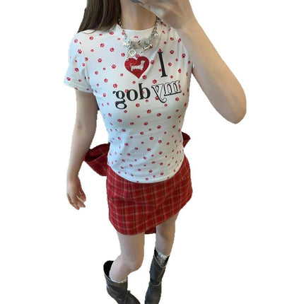 Original Fabric Summer American Retro Heart Dog Paw Printed Short T-Shirt for Sexys Slimming Look Top