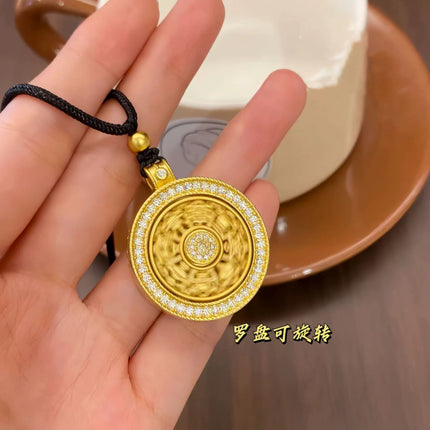 Brass Gold-Plated Large Eight-Treasure Compass Necklace with Ancient-Style Diamond Inlay, Sweater Chain, Round Disc Fortune Lockbone Chain for Women